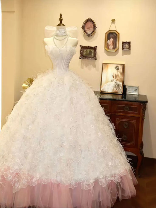 Princess Ball Gown Strapless Satin Tulle Feather Long Prom Dress,Party Dress,Evening Dress GG3477