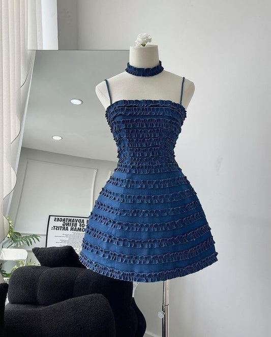 Blue A Line Spaghetti Straps Satin Short Prom Dress,Homecoming Dress,Birthday Dress GG3497