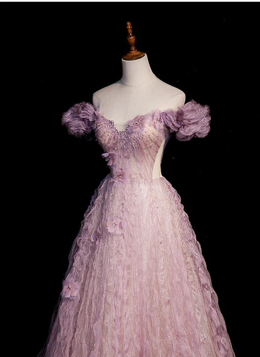 Elegante vestido de fiesta largo de tul con cuentas y flores, corte A, hombros descubiertos, vestido de noche GG349