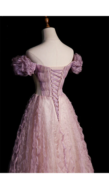 Elegante vestido de fiesta largo de tul con cuentas y flores, corte A, hombros descubiertos, vestido de noche GG349