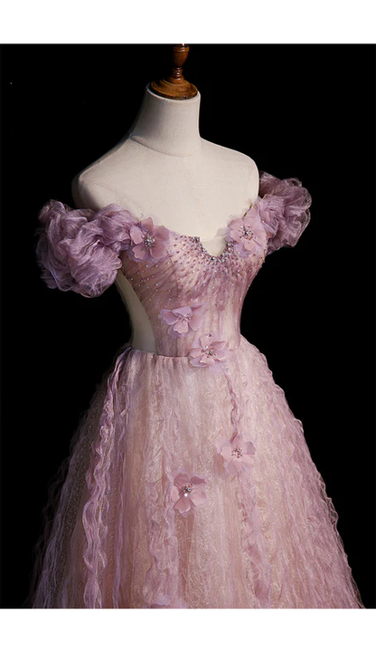 Elegante vestido de fiesta largo de tul con cuentas y flores, corte A, hombros descubiertos, vestido de noche GG349