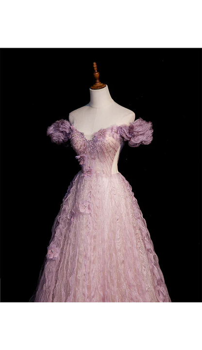 Elegante vestido de fiesta largo de tul con cuentas y flores, corte A, hombros descubiertos, vestido de noche GG349