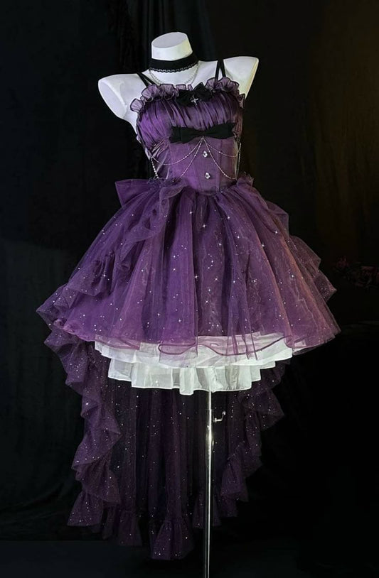 Retro Purple Ball Gown Spaghetti Straps Satin Tulle Sequin Short Prom Dress,Homecoming Dress,Birthday Dress GG3516