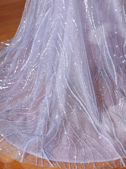 Shiny Mermaid Spaghetti Straps Lilac Tulle Sequin Back With Bow Long Prom Dress,Party Dress,Evening Dress GG3522