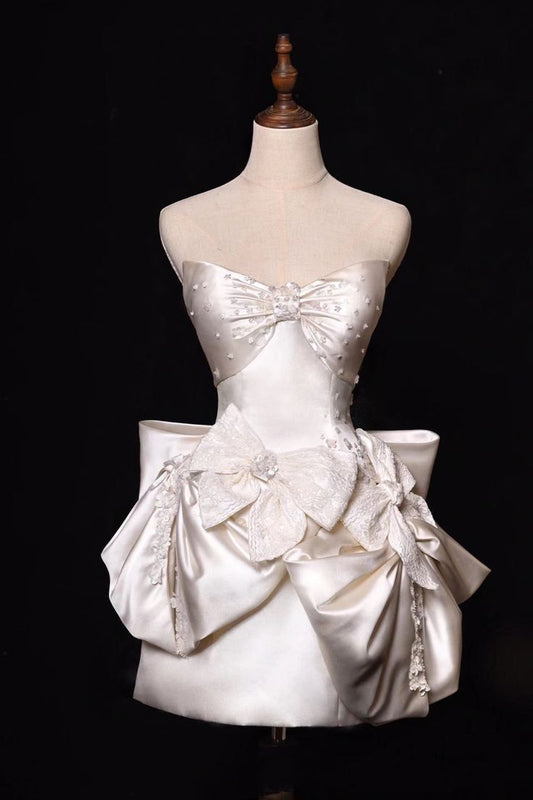 Princess A Line Strapless Satin Beads Bow Short Prom Dress,Homecoming Dress,Birthday Dress GG3529