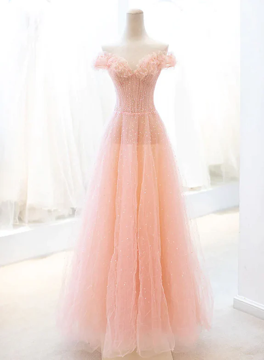 Elegante vestido de fiesta largo de tul con lentejuelas y escote corazón, corte A, color melocotón, hombros descubiertos, vestido de noche GG354