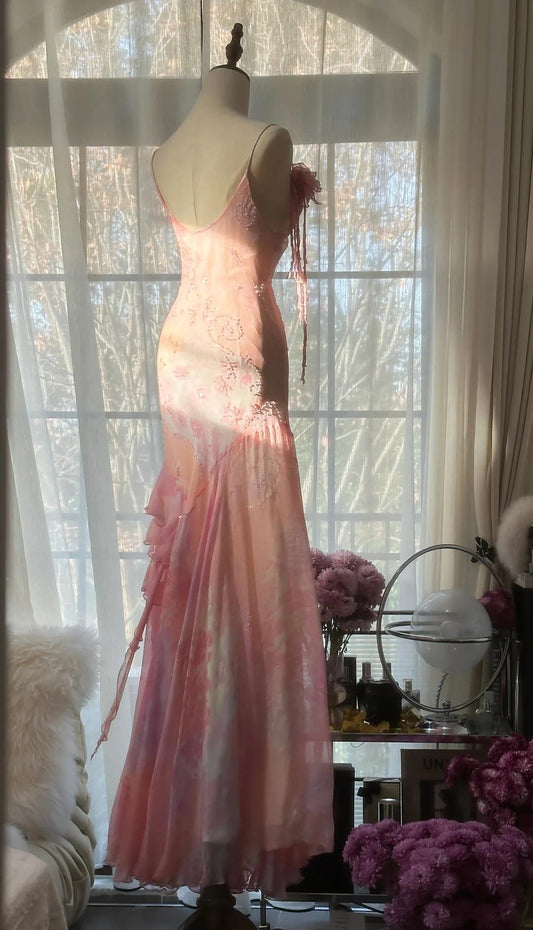 Gorgeous Mermaid Spaghetti Straps Satin Chiffon Printed Beads Long Prom Dress,Party Dress,Evening Dress GG3568