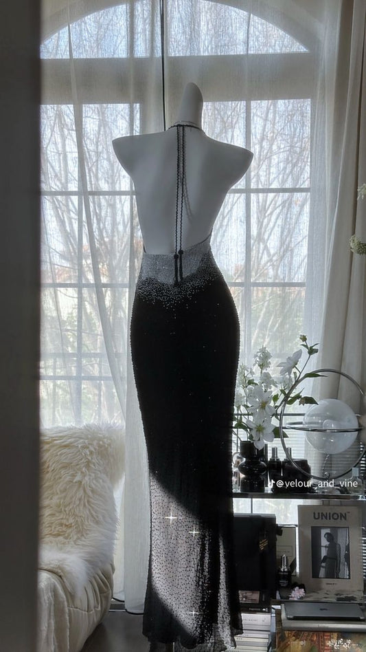 Chic Mermaid Halter Satin Beads Backless Long Prom Dress,Party Dress,Evening Dress GG3572