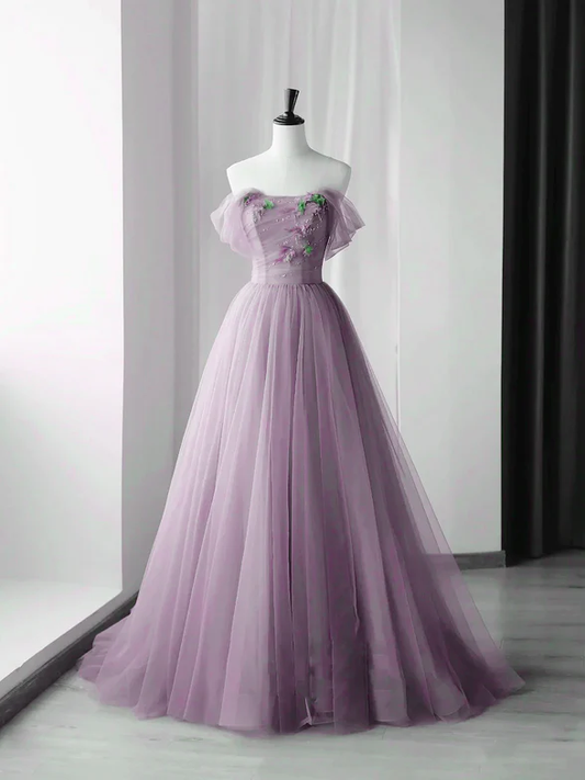 Elegante vestido de fiesta largo con hombros descubiertos y flores y cuentas, vestido de noche GG357