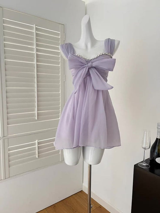 Lilac A Line Sweetheart Chiffon Beads Short Prom Dress,Homecoming Dress,18th Birthday Dress GG3580