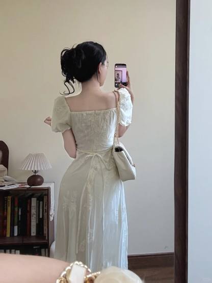 Elegant A Line U Neck Satin Applique Short Bubble Sleeves Long Prom Dress,Party Dress,Evening Dress GG3589