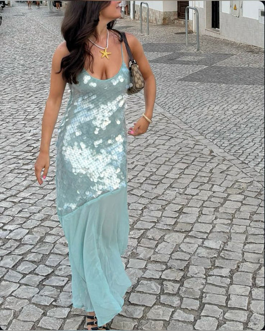 Pretty Mermaid Spaghetti Straps Light Blue Sequin Chiffon Long Prom Dress,Party Dress,Evening Dress GG3643
