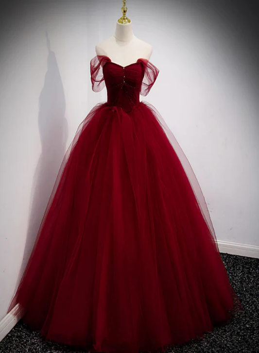Vestido de fiesta largo de tul rojo vino con hombros descubiertos y corte en A, vestido de noche GG364