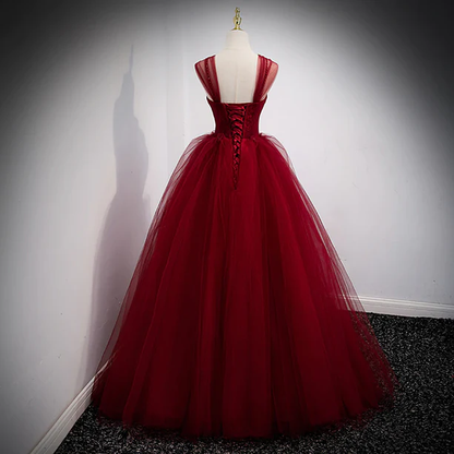 Vestido de fiesta largo de tul rojo vino con hombros descubiertos y corte en A, vestido de noche GG364