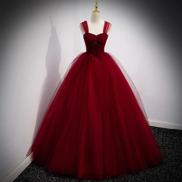 Vestido de fiesta largo de tul rojo vino con hombros descubiertos y corte en A, vestido de noche GG364
