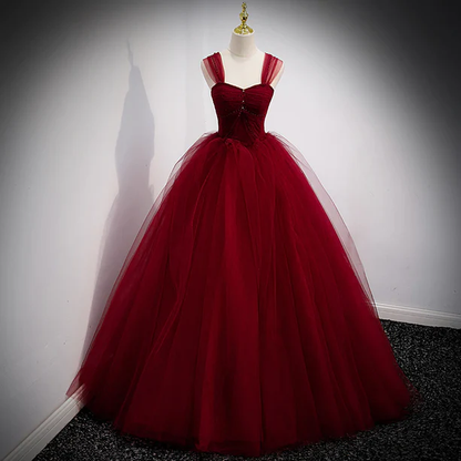 Vestido de fiesta largo de tul rojo vino con hombros descubiertos y corte en A, vestido de noche GG364
