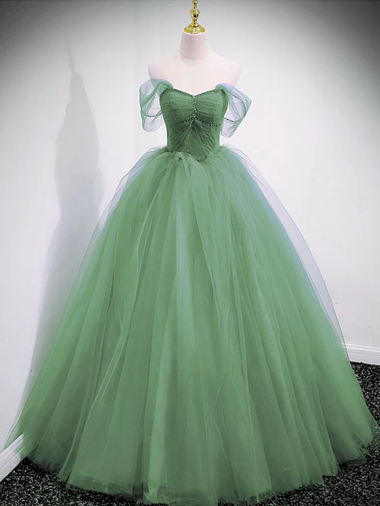 Vestido de fiesta largo de tul verde con hombros descubiertos, corte en A, vestido de noche GG365