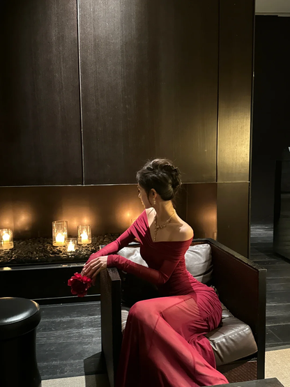 Elegant Burgundy Mermaid Off The Shoulder Satin Chiffon Long Sleeves Long Prom Dress,Party Dress,Evening Dress GG3664