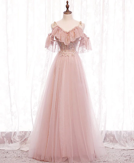 Elegante vestido de fiesta largo de tul rosa suave con hombros descubiertos, corte A, vestido de noche GG367