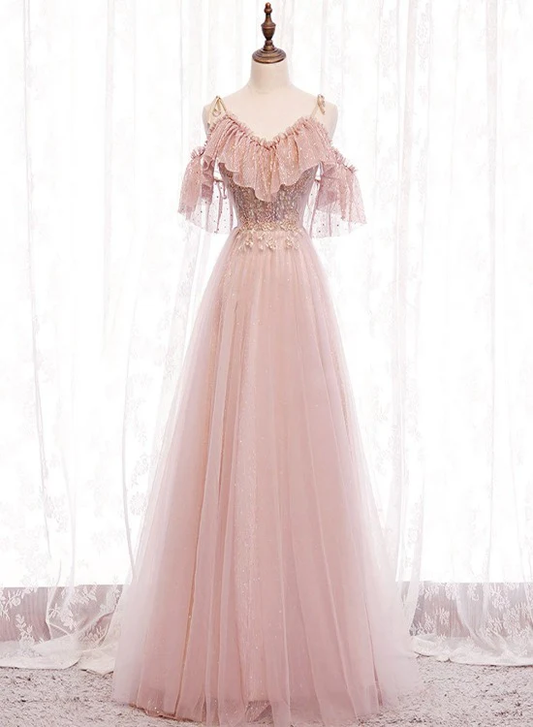 Elegante vestido de fiesta largo de tul rosa suave con hombros descubiertos, corte A, vestido de noche GG367