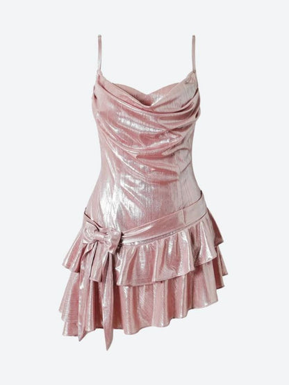 Vestido corto rosa de fiesta para quinceañeras, corte A, tirantes finos, lazo de satén, vestido de verano GG3685