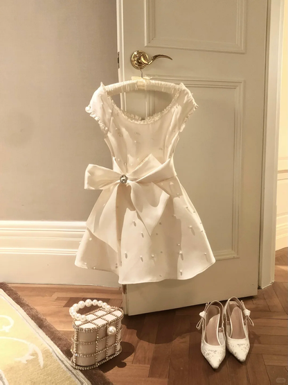 Vestido corto de fiesta de quinceañera, corte en A, escote en U, de satén con cuentas y lazo, vestido de verano para cumpleaños GG3687