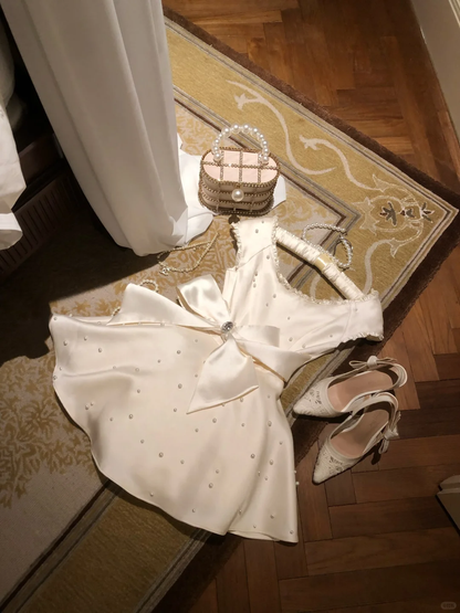 Vestido corto de fiesta de quinceañera, corte en A, escote en U, de satén con cuentas y lazo, vestido de verano para cumpleaños GG3687