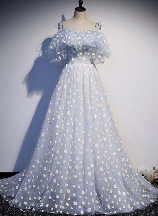 Elegante vestido de fiesta largo de tul azul claro con hombros descubiertos y apliques, vestido de noche GG368