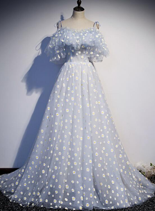 Elegante vestido de fiesta largo de tul azul claro con hombros descubiertos y apliques, vestido de noche GG368