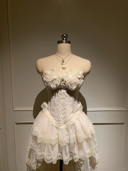 Vestido corto de fiesta con apliques de encaje y tul, sin tirantes y corsé, corte A, para cumpleaños de verano, GG3690