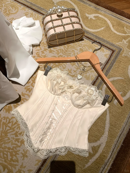 Vestido corto de fiesta con apliques de encaje y tul, sin tirantes y corsé, corte A, para cumpleaños de verano, GG3690