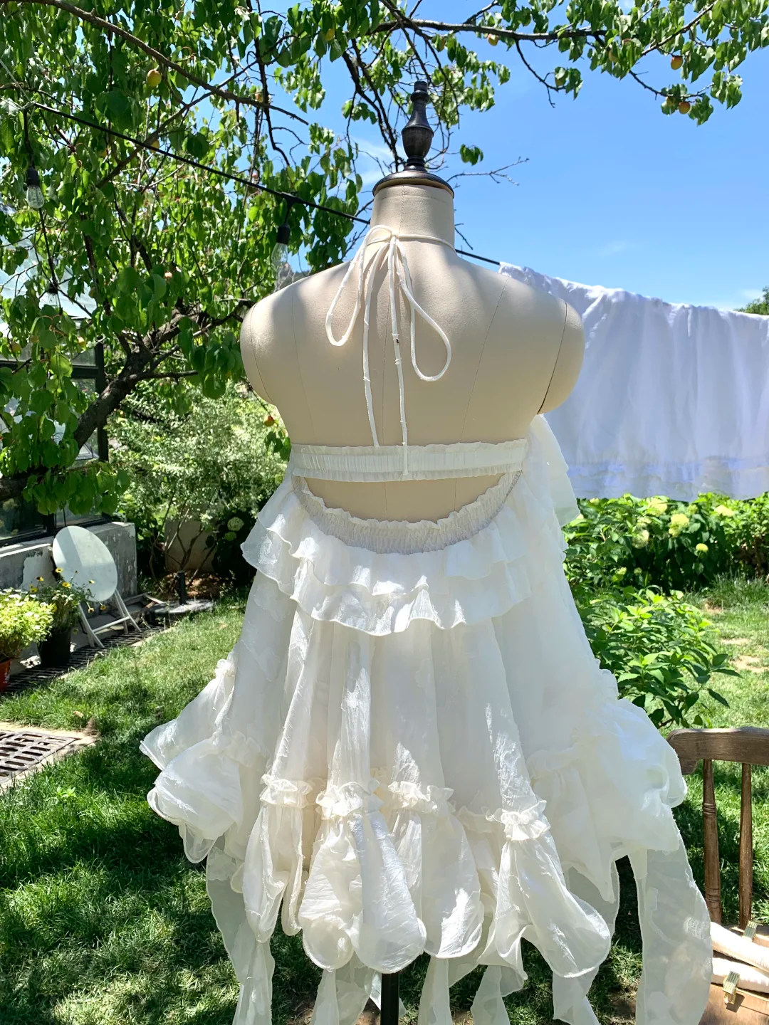 Vestido corto de fiesta de satén con cuello halter, de gasa y volantes, corte A, para cumpleaños de verano, GG3691