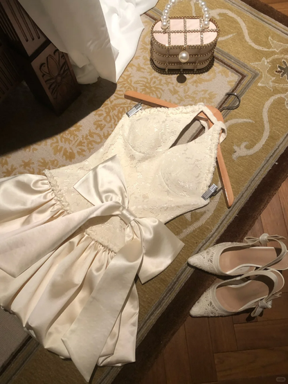 Vestido corto de fiesta elegante, corte A, cuello halter, satén, encaje y lazo, para cumpleaños de verano, GG3692