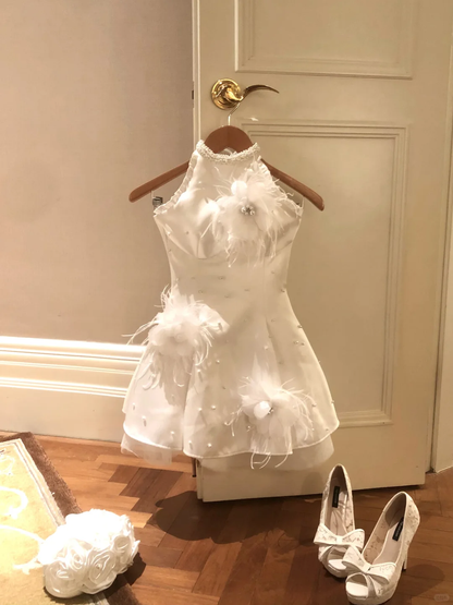 Vestido corto de fiesta para 17 años, corte A, con cuello halter, satén, tul, cuentas y apliques, para fiesta de verano, GG3694