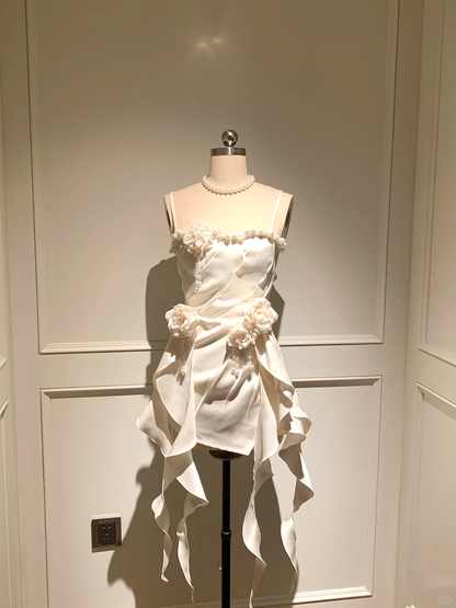 Vestido corto de fiesta de verano con tirantes finos, satén, cuentas y flores, con volantes, corte A, GG3696