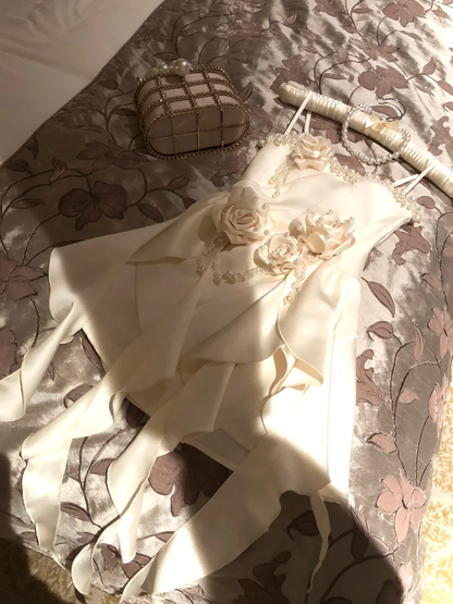 Vestido corto de fiesta de verano con tirantes finos, satén, cuentas y flores, con volantes, corte A, GG3696
