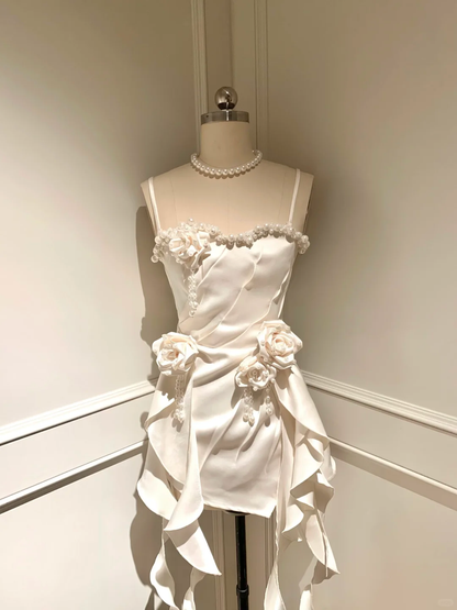 Vestido corto de fiesta de verano con tirantes finos, satén, cuentas y flores, con volantes, corte A, GG3696