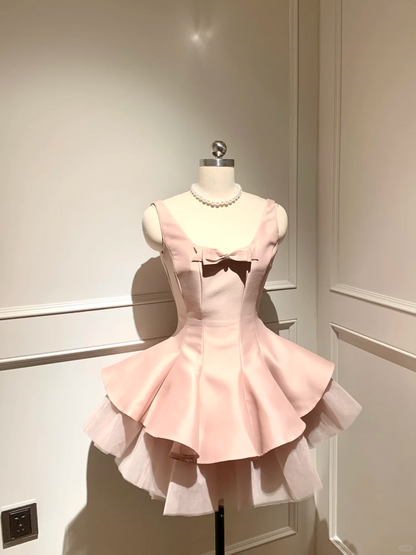 Vestido corto rosa de fiesta para quinceañeras, corte en A, escote en U, satén y tul con lazo, vestido de verano para cumpleaños GG3698
