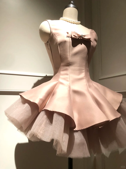 Vestido corto rosa de fiesta para quinceañeras, corte en A, escote en U, satén y tul con lazo, vestido de verano para cumpleaños GG3698