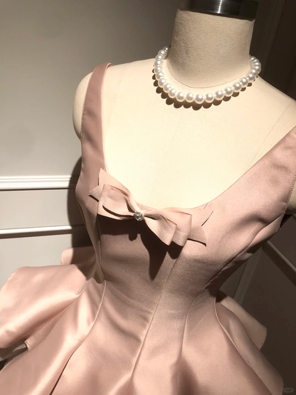 Vestido corto rosa de fiesta para quinceañeras, corte en A, escote en U, satén y tul con lazo, vestido de verano para cumpleaños GG3698