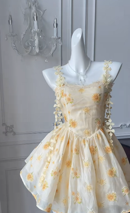 Vestido corto de fiesta amarillo pastel con tirantes finos, de satén y gasa, con apliques, para 16 cumpleaños de verano, GG3729