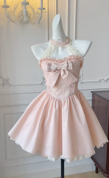 Vestido corto rosa de satén con cuello halter y lazo para fiesta de bienvenida, vestido de verano para 15 cumpleaños GG3734