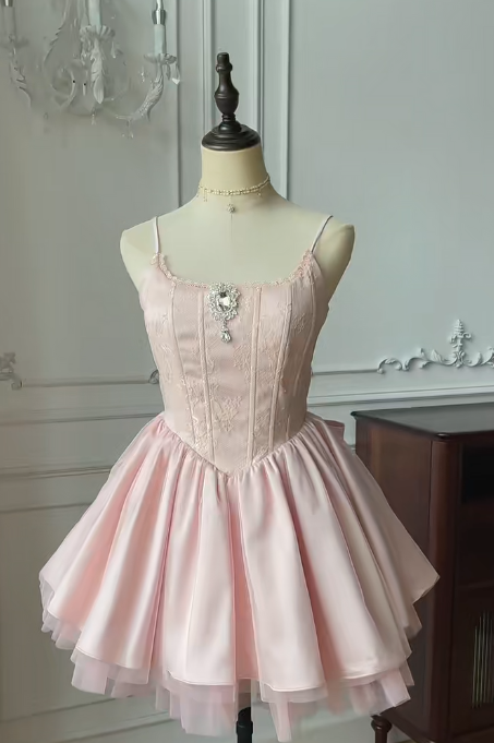 Vestido corto rosa de fiesta con tirantes finos, espalda de tul satinado y lazo, corte A, para 15 cumpleaños de verano, GG3736