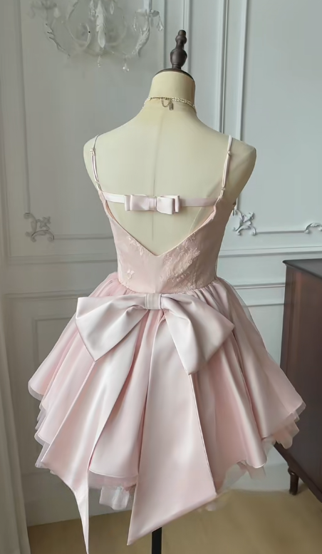 Vestido corto rosa de fiesta con tirantes finos, espalda de tul satinado y lazo, corte A, para 15 cumpleaños de verano, GG3736