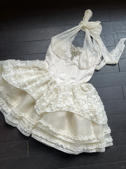 Vestido corto de satén con encaje y cuello halter, corte en A, para fiesta de bienvenida, ideal para cumpleaños de verano, GG3741