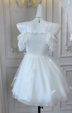 Vestido corto de fiesta blanco de satén con tirantes finos, corte en A, tul y apliques, para cumpleaños de verano, GG3745