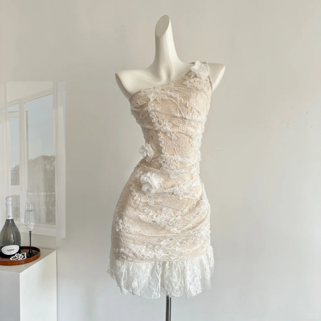 Vestido corto color marfil con corte en A, un hombro, apliques de encaje, para fiesta de bienvenida, para cumpleaños número 17, GG3805