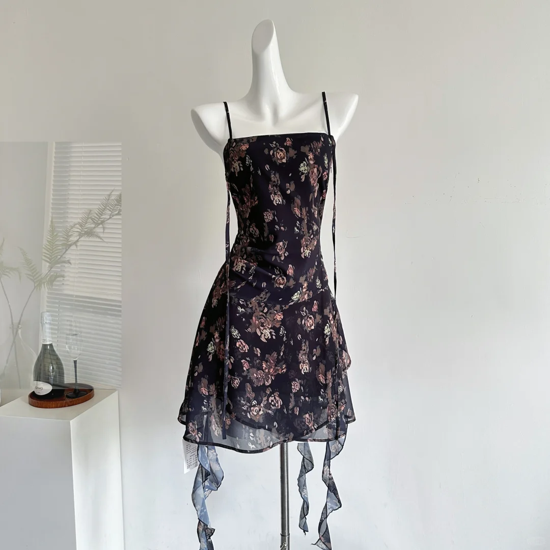 Vestido corto de fiesta de gasa con tirantes finos, estampado y volantes, corte A, para 17.º cumpleaños, GG3809