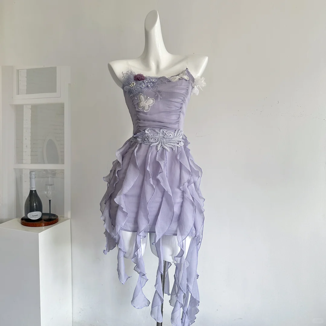 Vestido corto de fiesta de verano, corte A, sin tirantes, de satén y gasa con apliques y volantes, para 18 cumpleaños, GG3813