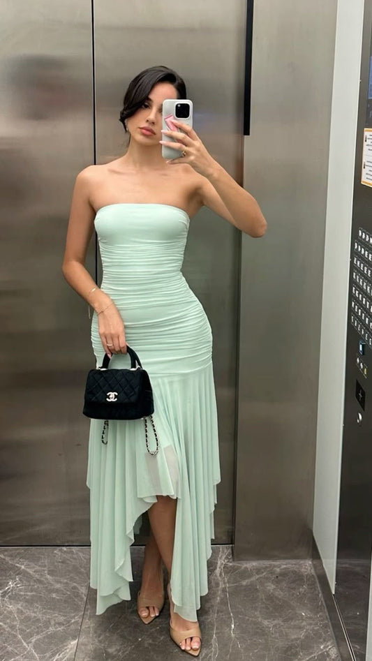 Impresionante vestido de fiesta largo de satén de gasa color salvia con corte sirena sin tirantes, vestido de fiesta y vestido de noche GG3837